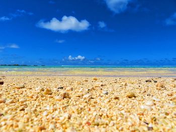 Surface level of beach against blue sky