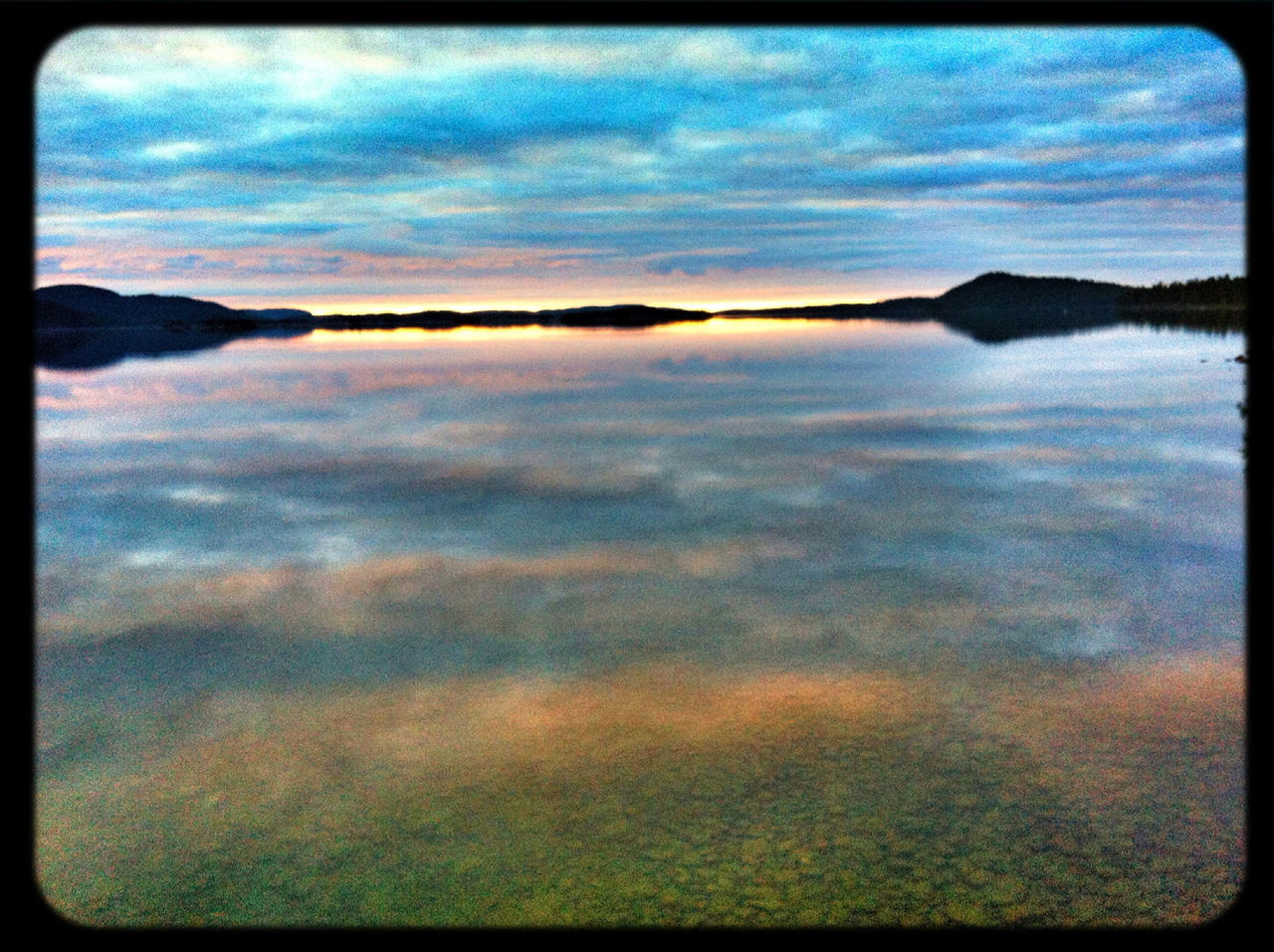 transfer print, sky, tranquil scene, tranquility, scenics, cloud - sky, beauty in nature, auto post production filter, water, cloud, lake, nature, cloudy, idyllic, reflection, sunset, blue, mountain, dusk, dramatic sky