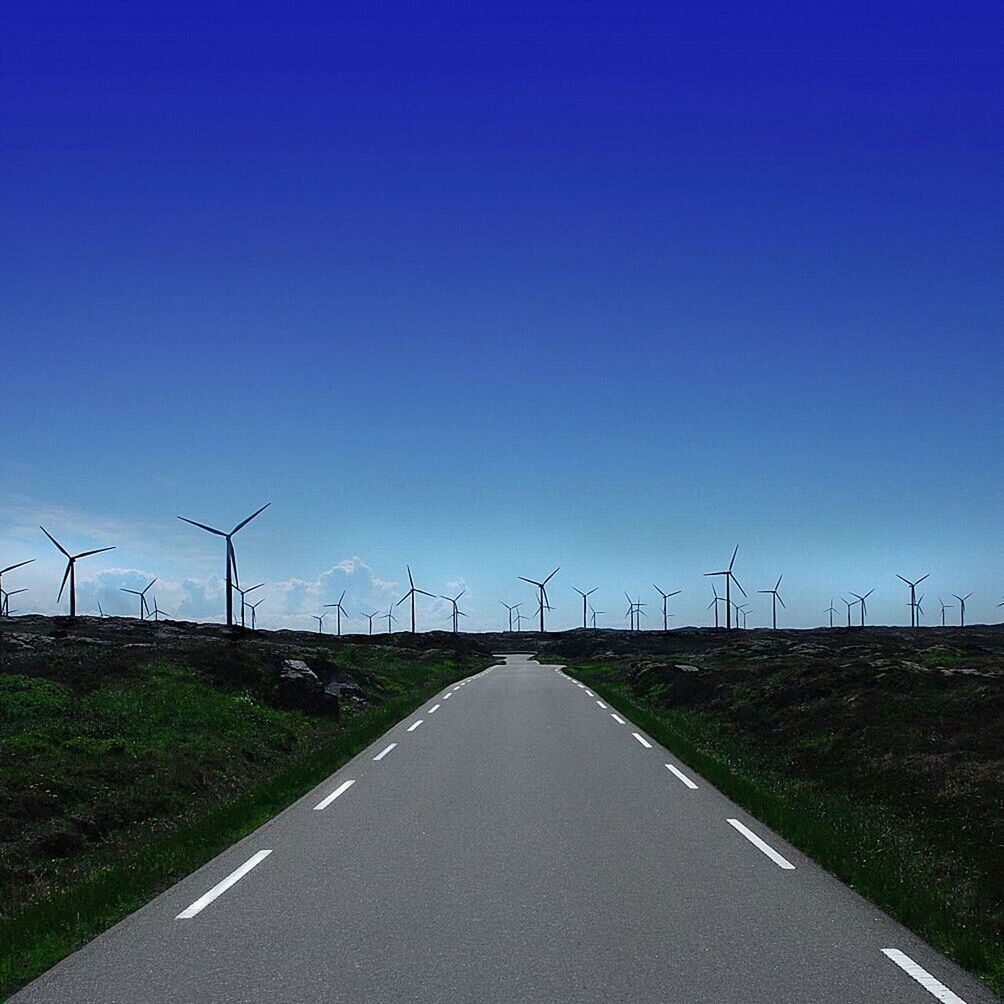 clear sky, wind turbine, alternative energy, wind power, windmill, fuel and power generation, copy space, renewable energy, environmental conservation, the way forward, field, landscape, grass, blue, road, electricity pylon, transportation, diminishing perspective, tranquility, tranquil scene
