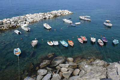 High angle view of rocks on sea shore