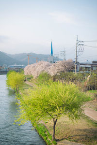 Scenic view of river by mountain against sky