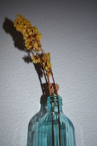 Close-up of yellow flower vase on table against wall