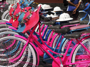 High angle view of bicycles parked in basket