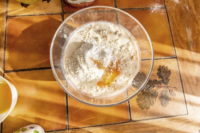 High angle view of bread in bowl on table