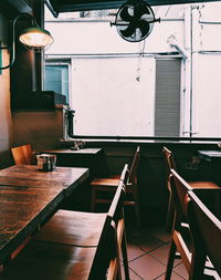 Empty chairs and tables in cafe