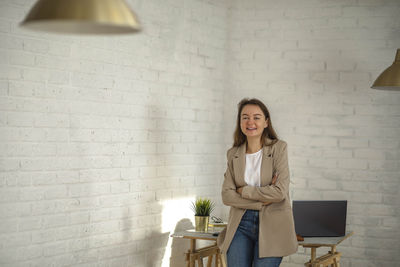 Happy businesswoman in office. stylish  manager smiling, working on financial, marketing projects