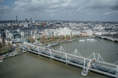 Aerial view of hungerford bridge and golden jubilee bridges, london
