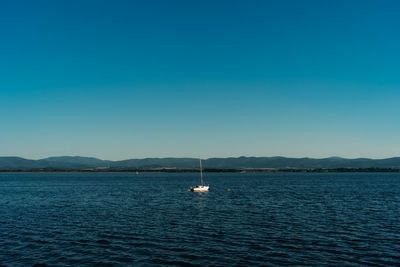 Scenic view of sea against clear blue sky