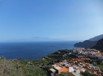 High angle view of sea against clear blue sky