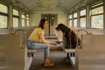 Woman and retriever dog ride a train, look out the window. traveling with a pet on public transport