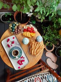 High angle view of dessert served on table