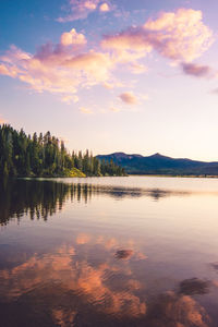 Scenic view of lake against sky at sunset