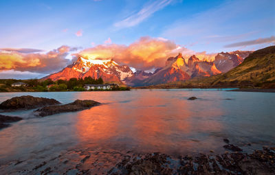 Scenic view of mountains against sky during sunset