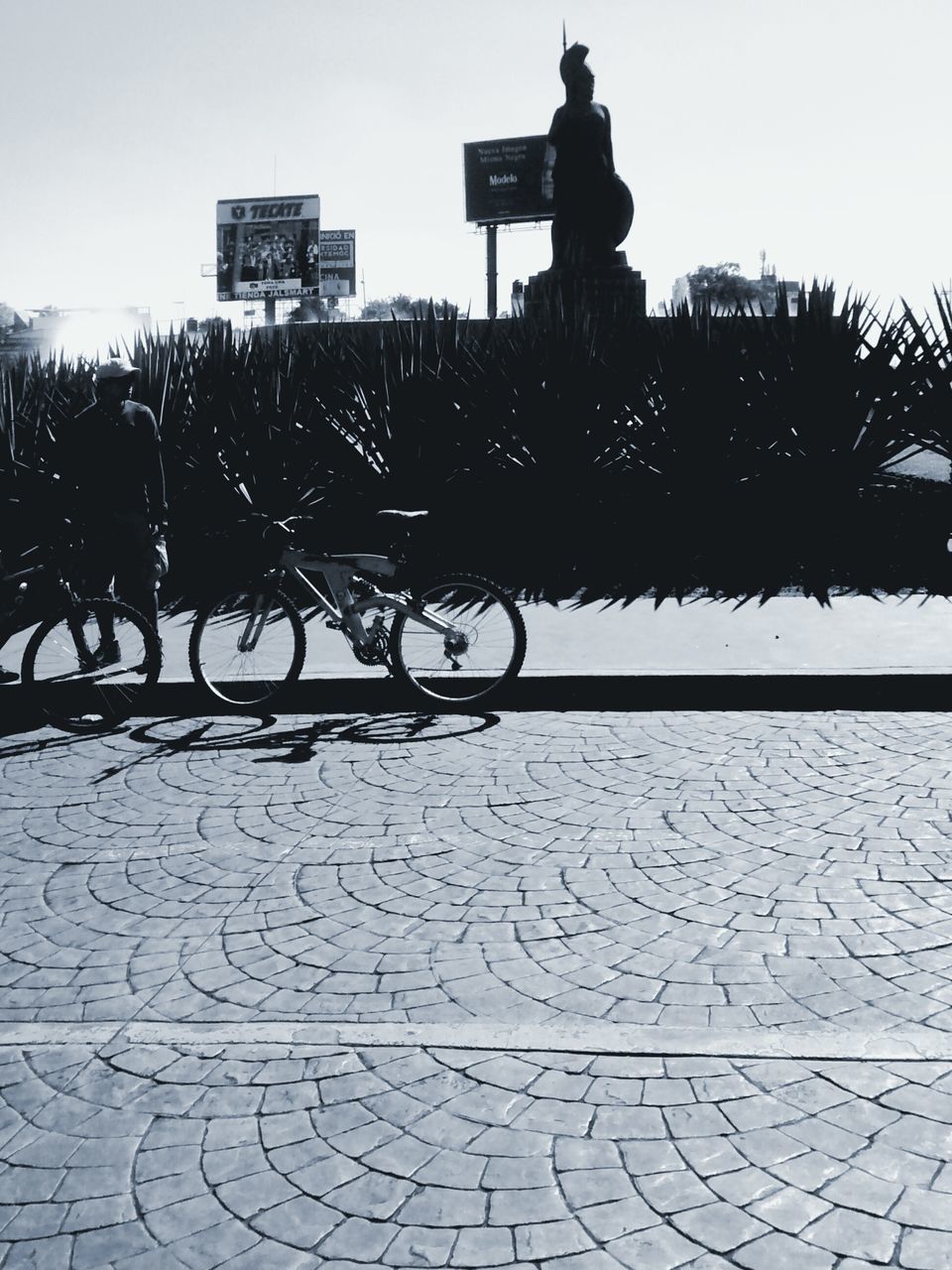 building exterior, built structure, clear sky, architecture, sunlight, bicycle, railing, outdoors, cobblestone, sky, tree, day, shadow, silhouette, fence, men, city, incidental people, street