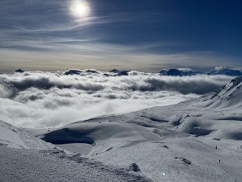 Scenic view of snow covered mountains against sky