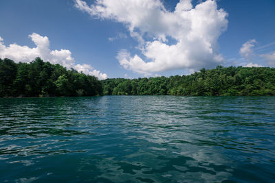 Scenic view of lake against cloudy sky