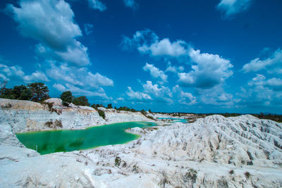 Panoramic view of landscape against blue sky