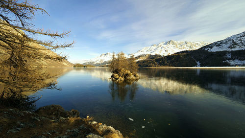 Scenic view of lake by trees against sky