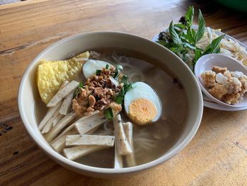 High angle view of food in bowl on table