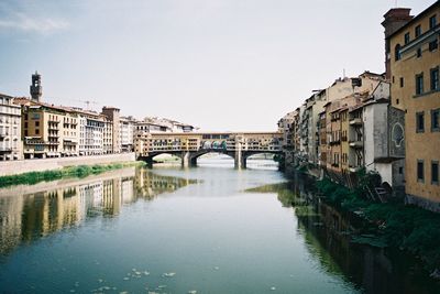 Bridge over river by buildings against sky in city