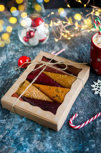 High angle view of christmas decoration on table