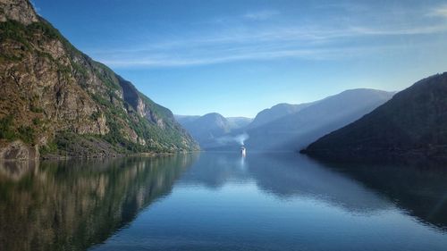 Scenic view of lake and mountains against sky