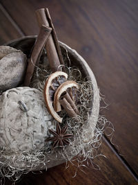 High angle view of tied up on table