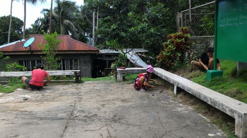 People sitting on swing against plants