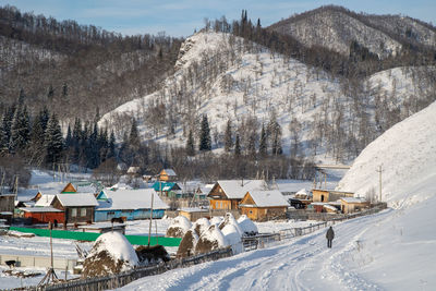 Panoramic view of buildings and snowcapped mountains