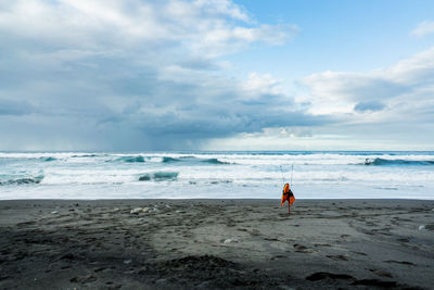 Rear view of people on beach against sky