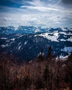 Aerial view of snowcapped mountains against sky