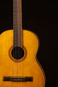 Close-up of guitar against black background