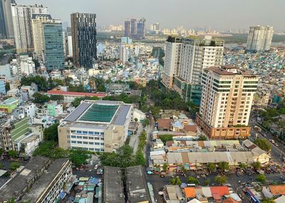 High angle view of street amidst buildings in city