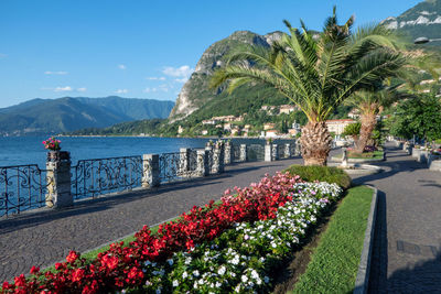 Scenic view of sea by mountain against sky