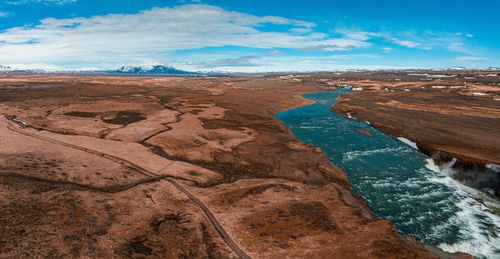 Panoramic aerial view of popular tourist destination - gullfoss waterfall.