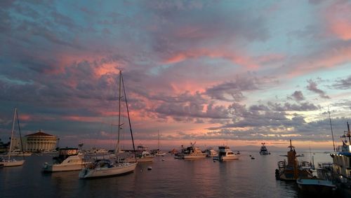 Sailboats moored at harbor during sunset