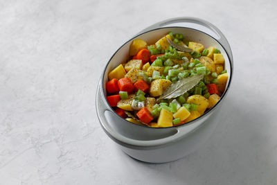 High angle view of food in bowl on table