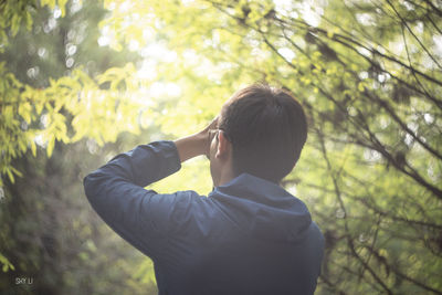 Rear view of man photographing against trees in forest