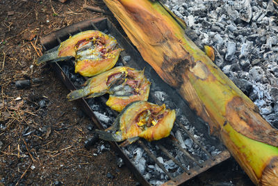 High angle view of meat on barbecue grill