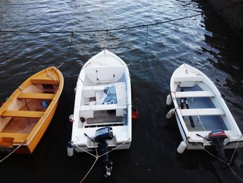 High angle view of boats moored on sea