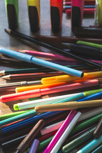 High angle view of multi colored pencils on table