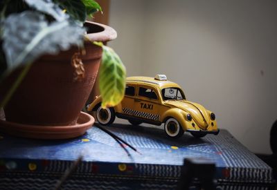 Close-up of vintage car on table