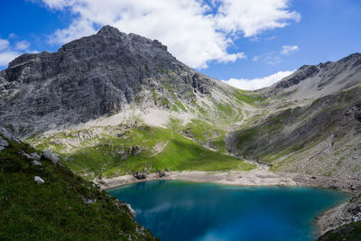 Scenic view of lake and mountains against sky