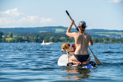 Adult woman on paddle board with male beagle, wallersee, austria.