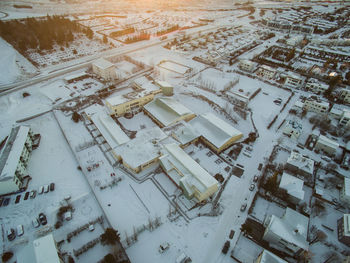 High angle view of buildings in winter