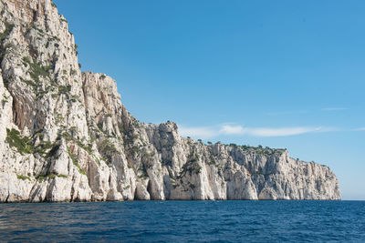 Scenic view of sea against clear blue sky