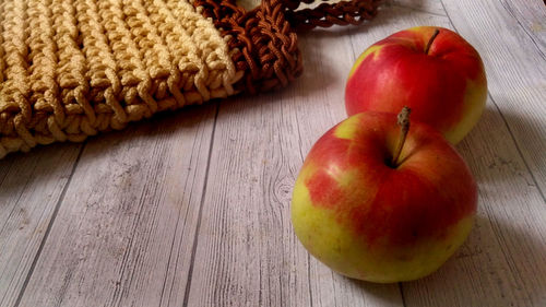 High angle view of apples on table