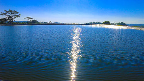 Scenic view of lake against clear blue sky