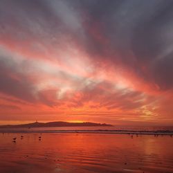 Scenic view of sea against orange sky