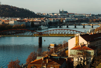 High angle view of bridge over river by buildings against sky